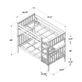 Assembly diagram and dimensions of a wooden twin-over-full bunk bed frame with ladder, guardrails and slatted mattress supports