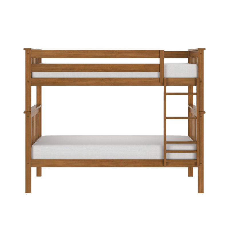 Wooden bunk bed with ladder and slatted rails, natural wood finish and white mattresses on white background