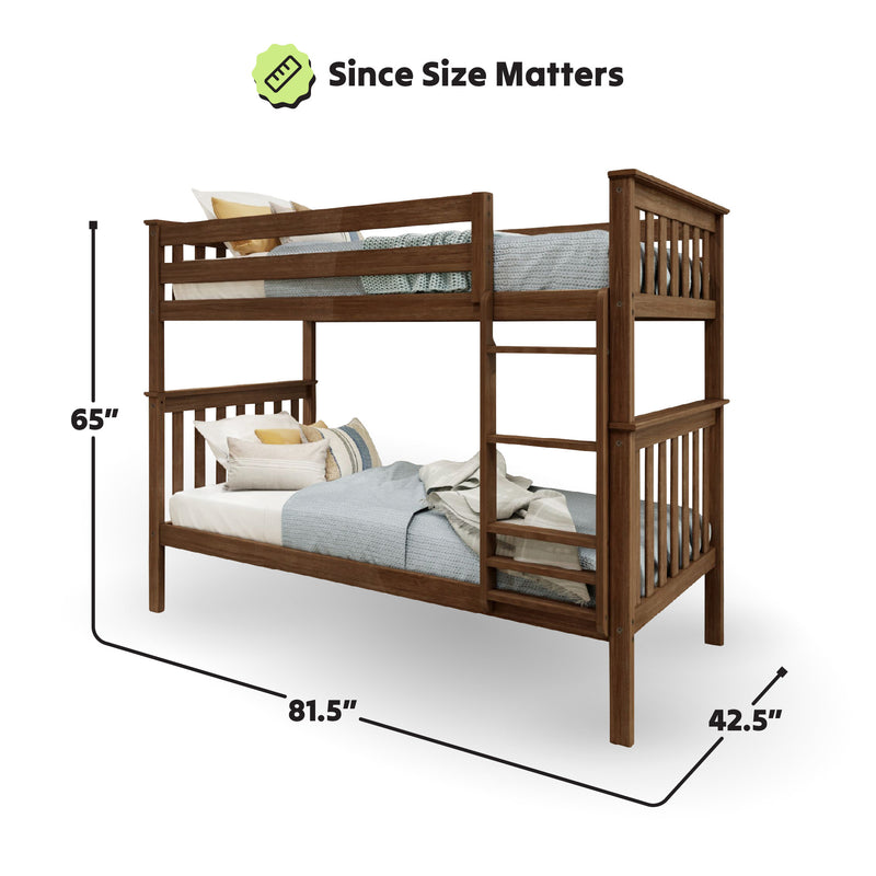 Solid wood bunk bed with ladder, featuring dimensions: 65 inches high, 81.5 inches long, 42.5 inches wide, ideal for maximizing bedroom space.