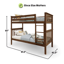 Wooden bunk bed with dimensions 65 inches tall, 81.5 inches long, and 42.5 inches wide, featuring cozy bedding and wooden slatted design.