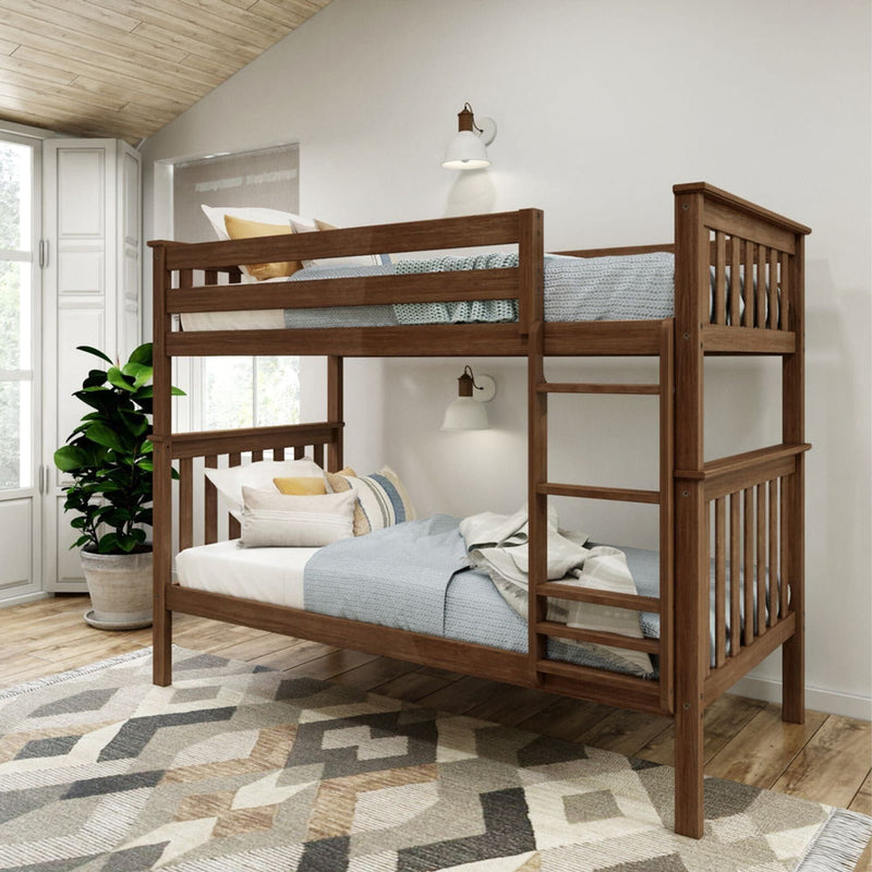 Rustic wooden bunk bed in a bright bedroom with modern decor and natural light.