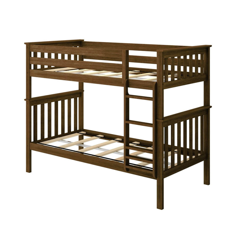 Wooden bunk bed with ladder, twin-over-twin design, ideal for kids' bedroom furniture.