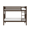 Dark brown solid wood twin-over-full bunk bed with ladder, mission-style slatted rails and white mattresses, space-saving kids bedroom furniture
