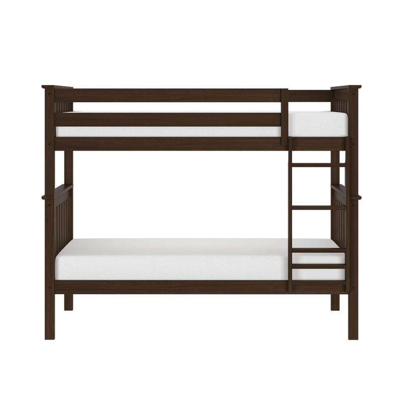 Dark brown solid wood twin-over-full bunk bed with ladder, mission-style slatted rails and white mattresses, space-saving kids bedroom furniture