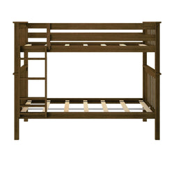 Wooden bunk bed frame with ladder for kids' bedroom furniture.