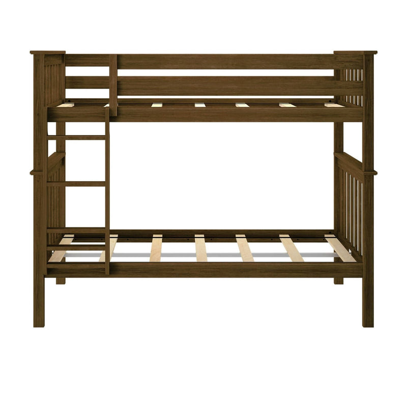 Wooden bunk bed frame with ladder for kids' bedroom furniture.