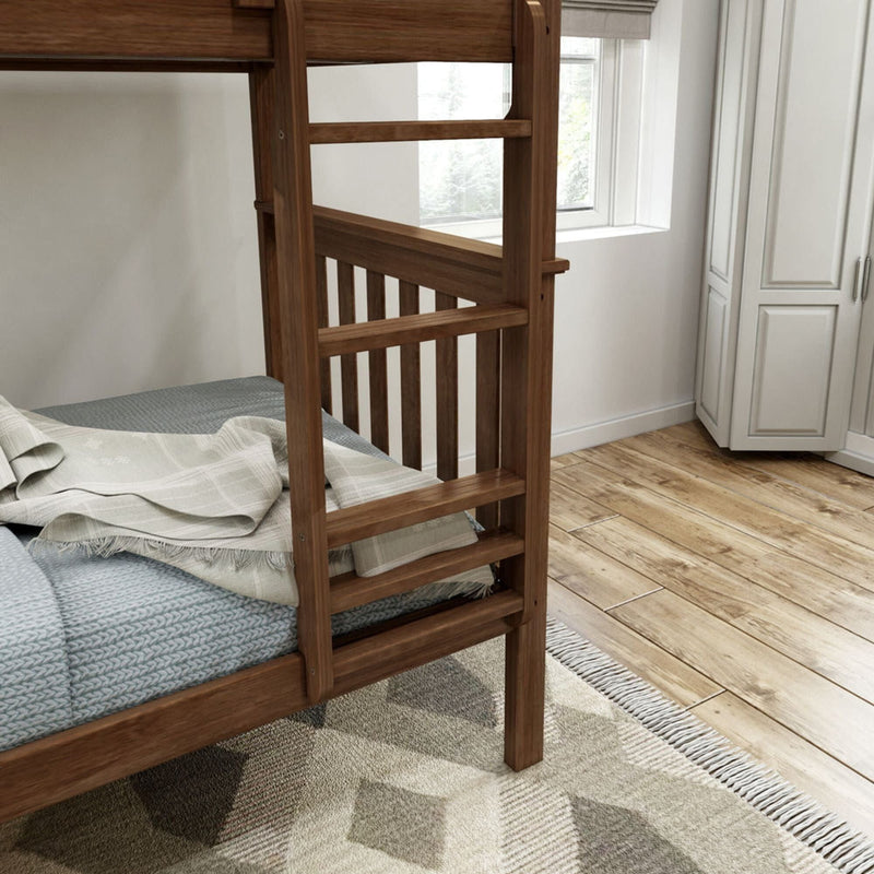 Wooden bunk bed with ladder, blue bedding, and light hardwood floor in a modern bedroom setting.
