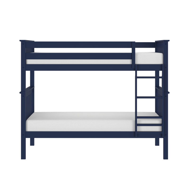 Navy blue solid wood twin-over-twin bunk bed with ladder and white mattresses for kids' bedroom