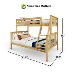 Wooden twin over full bunk bed with ladder and measurements; 81.5 inches long, 65 inches high, 57.5 inches wide.