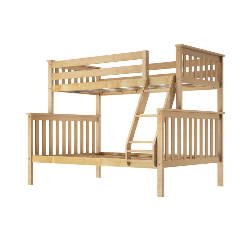 Wooden bunk bed with ladder in natural finish.