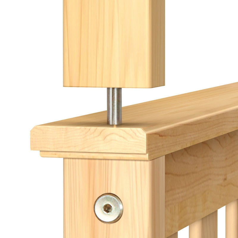 Close-up view of a wooden railing installation showing a screw and metal dowel for secure construction.