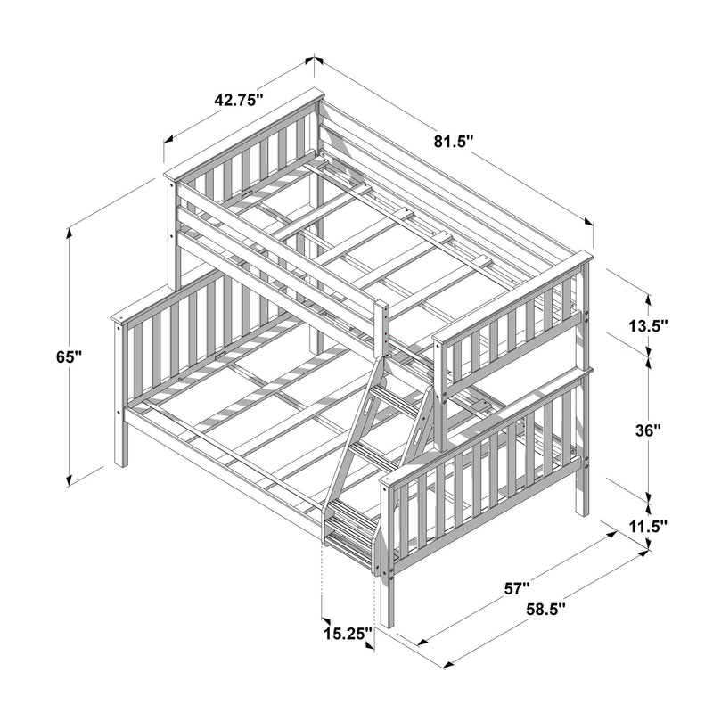 Isometric assembly diagram of a wooden bunk bed frame with ladder, guardrails, slats and support beams showing key measurements in inches (81.5 in, 42.75 in, 65 in, 58.5 in, 36 in) for product dimensions and assembly guidance