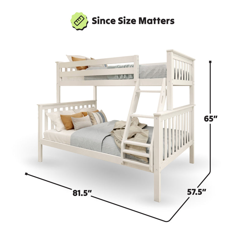 White wooden bunk bed with ladder, featuring twin over full configuration, dimensions 81.5 inches long, 57.5 inches wide, and 65 inches high.