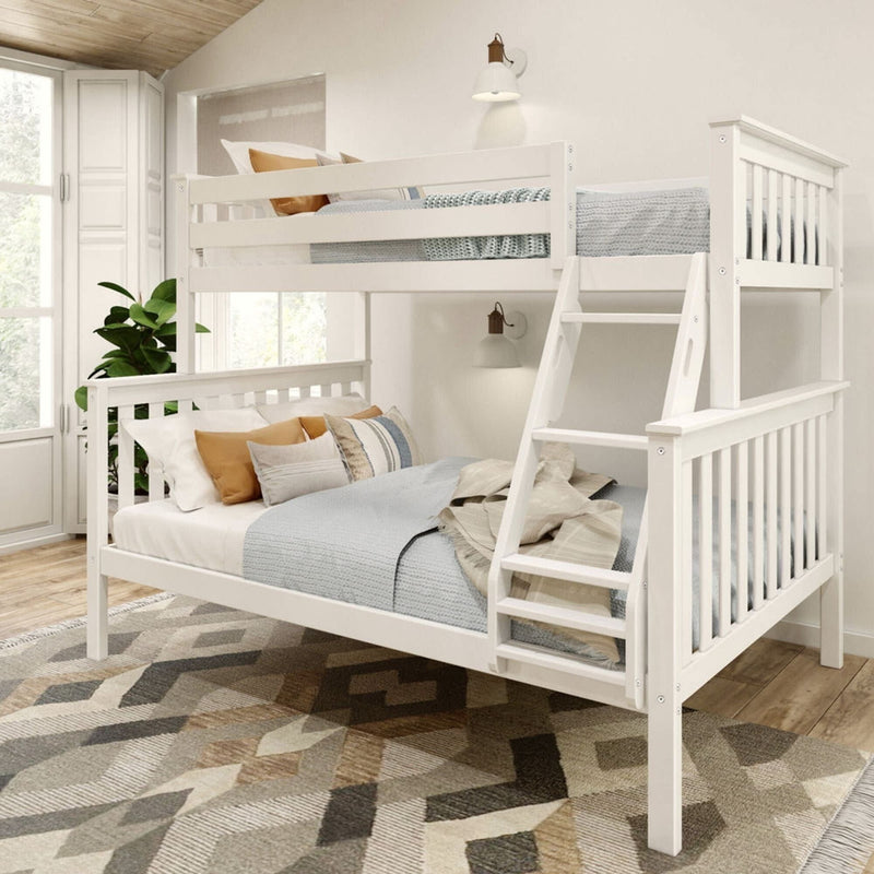 White wooden bunk bed with a cozy blue and beige bedding set in a bright modern bedroom.