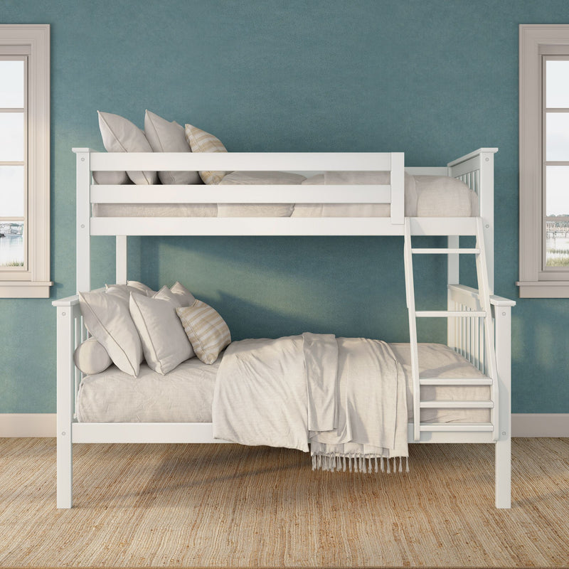 White wooden twin-over-twin bunk bed with ladder, neutral linen bedding and pillows against teal textured wall in bright coastal-style children's bedroom