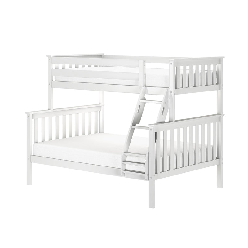 White wooden loft bunk bed with ladder and slatted guardrails, modern space-saving children's bedroom furniture