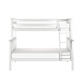 White wooden loft bunk bed with ladder and guardrails, modern kids bedroom bed with mattress