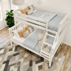 White wooden bunk bed with blue bedding in a cozy bedroom setting.