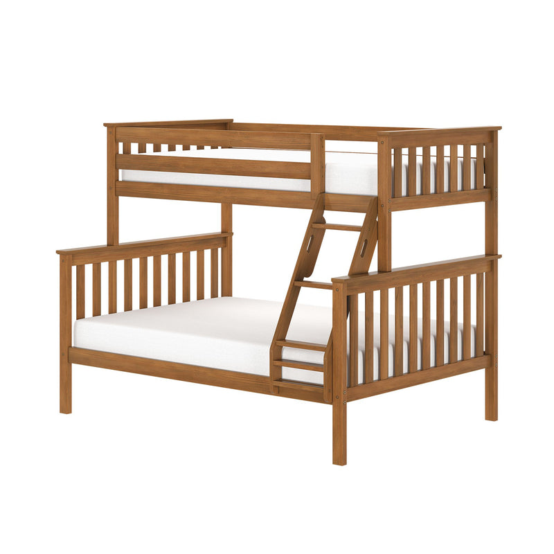 Wooden loft-style bunk bed with ladder and slatted guardrails in warm oak finish with white mattress