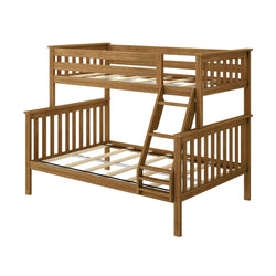 Wooden twin over full bunk bed with ladder and slatted design.