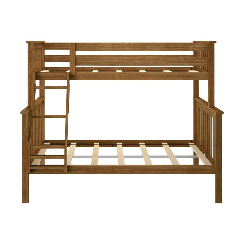Wooden bunk bed frame with slatted design and ladder.