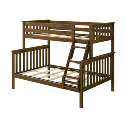 Solid wood twin over full bunk bed with ladder and safety railings.
