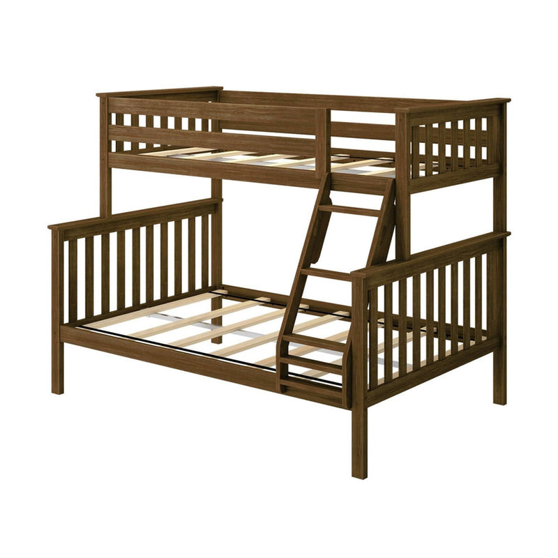 Solid wood twin over full bunk bed with ladder and safety railings.
