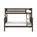 Dark brown wooden twin-over-full bunk bed with built-in ladder, guardrails and white mattresses — space-saving modern bedroom furniture