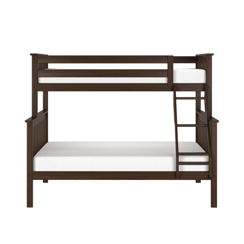 Dark brown wooden twin-over-full bunk bed with built-in ladder, guardrails and white mattresses — space-saving modern bedroom furniture