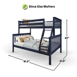 Navy blue twin over full bunk bed with ladder shown with dimensions, emphasizing size and design for optimal space utilization.