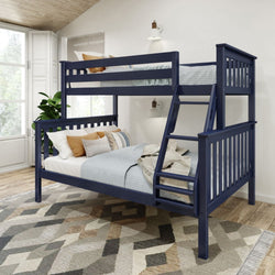 Navy blue wooden bunk bed with ladder in modern bedroom setting.
