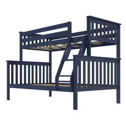 Wooden navy blue bunk bed frame with ladder and safety rails, ideal for kids' room space-saving furniture.