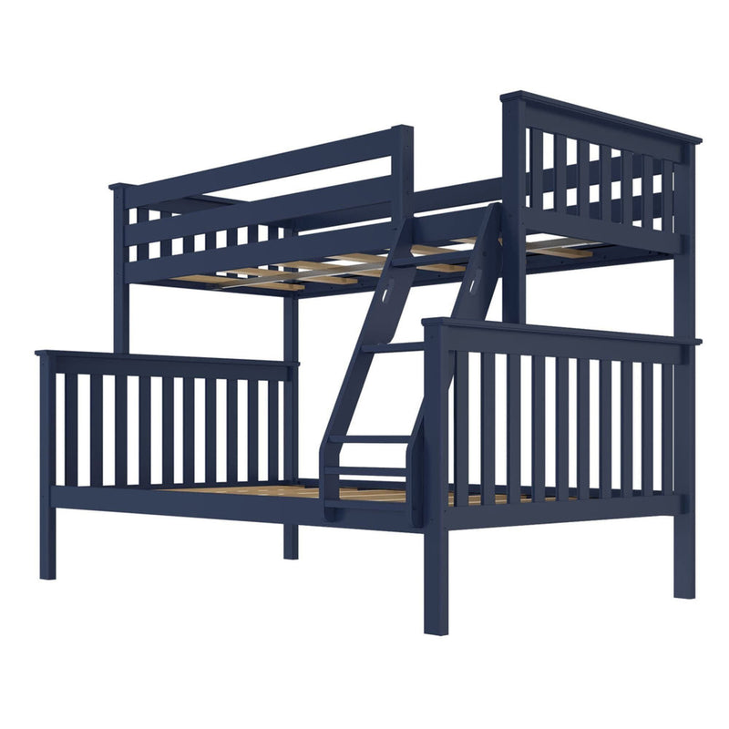 Wooden navy blue bunk bed frame with ladder and safety rails, ideal for kids' room space-saving furniture.