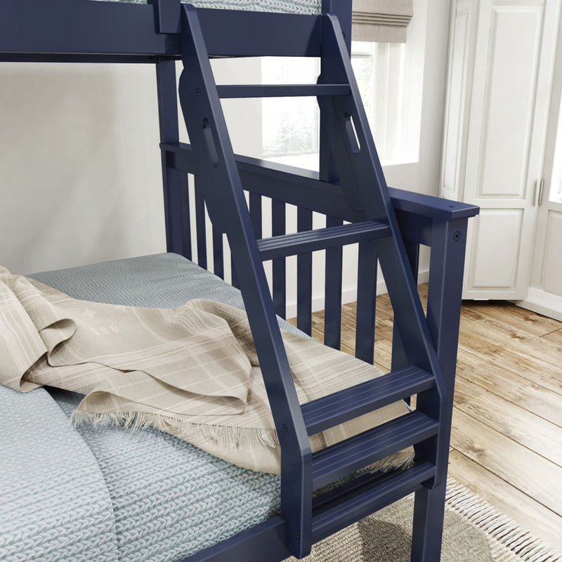 Navy blue wooden bunk bed with cozy bedding in a modern bedroom.