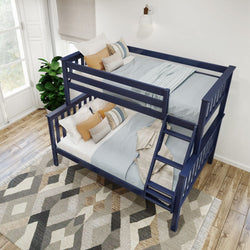 Stylish navy blue bunk bed with comfortable bedding in modern bedroom.