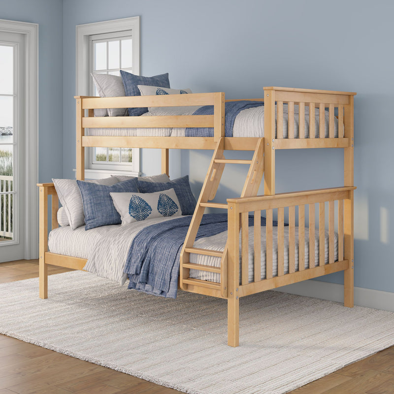 Natural wood bunk bed with blue coastal bedding and ladder in a bright bedroom with light blue walls and windows