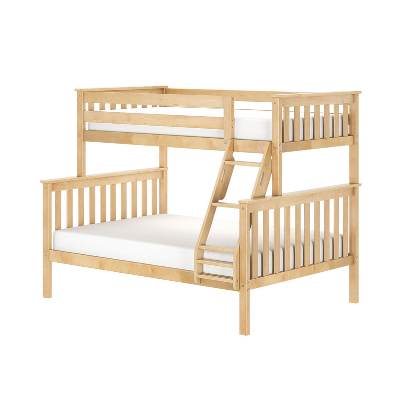 Light natural maple wood bunk bed with ladder, slatted guardrails and white mattresses — minimalist loft-style children's bed