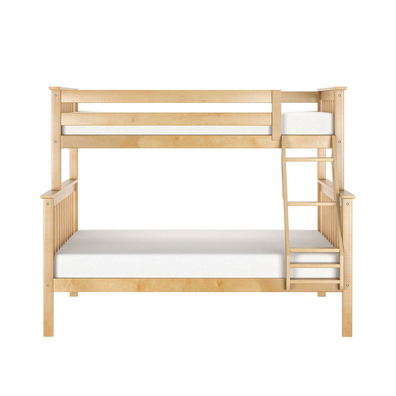 Solid wood twin-over-full bunk bed with ladder and slatted rails, natural maple finish, space-saving kids bedroom furniture