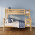 Wooden bunk bed with ladder, blue and white bedding and pillows against a light blue wall on hardwood floor, space-saving kids' bedroom