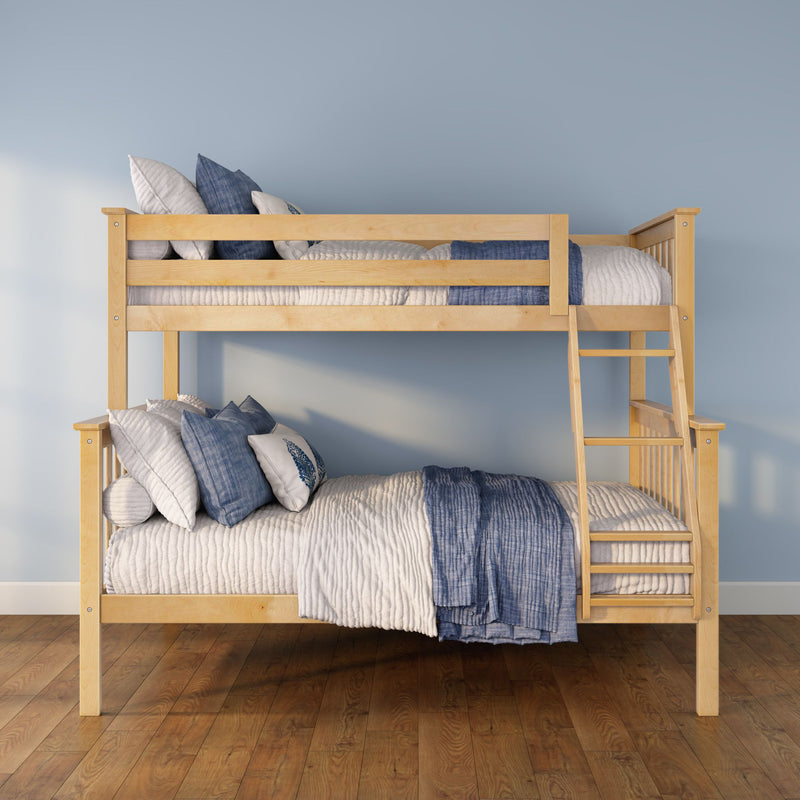 Wooden bunk bed with ladder, blue and white bedding and pillows against a light blue wall on hardwood floor, space-saving kids' bedroom