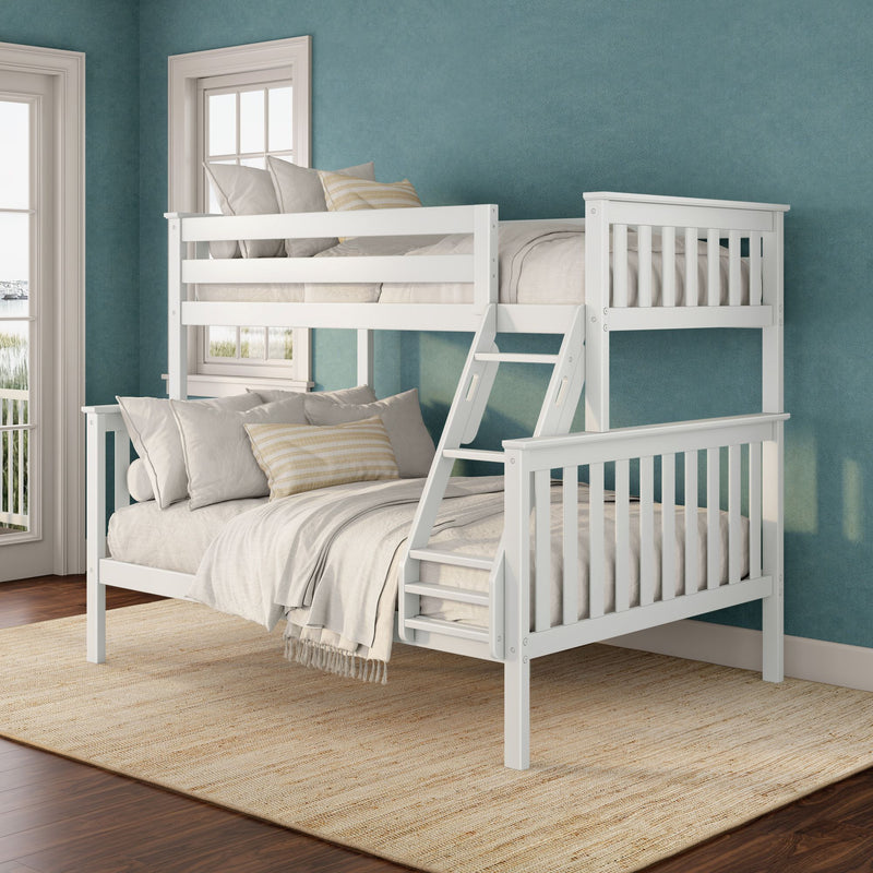 White wooden bunk bed with ladder, neutral linen bedding and striped pillows against a teal textured wall in a bright bedroom