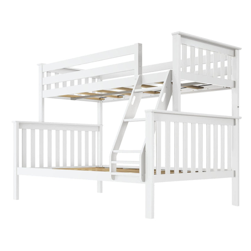 White wooden bunk bed with ladder for kids' bedroom.