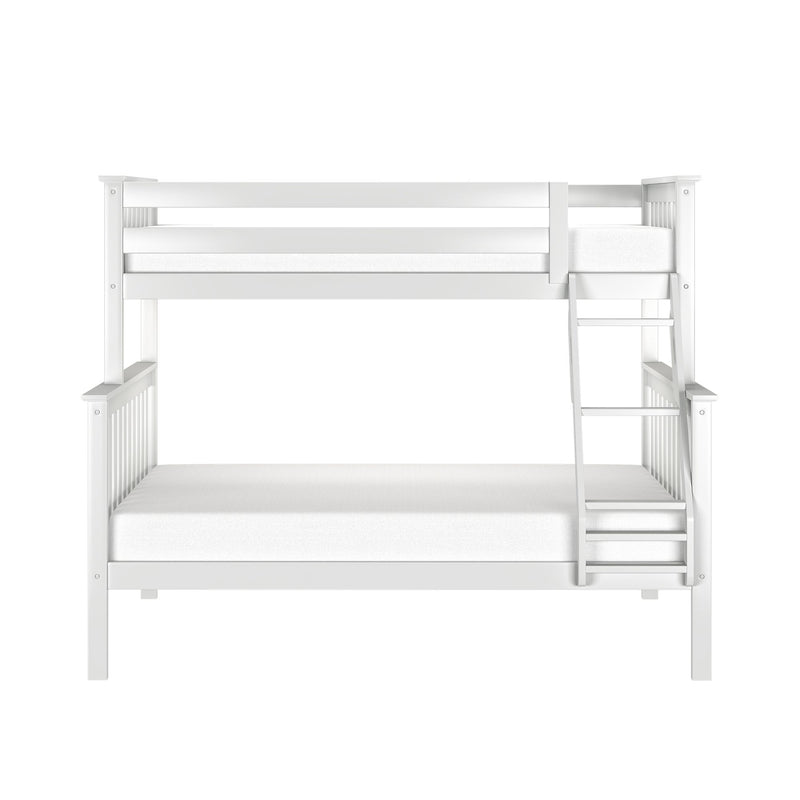 White wooden bunk bed with ladder and safety guardrails, modern kids loft-style bed with mattress for children's bedroom