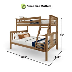 Wooden twin over full bunk bed with a ladder, featuring dimensions of 81.5" length, 57.5" width, and 65" height, showcasing style and functionality.