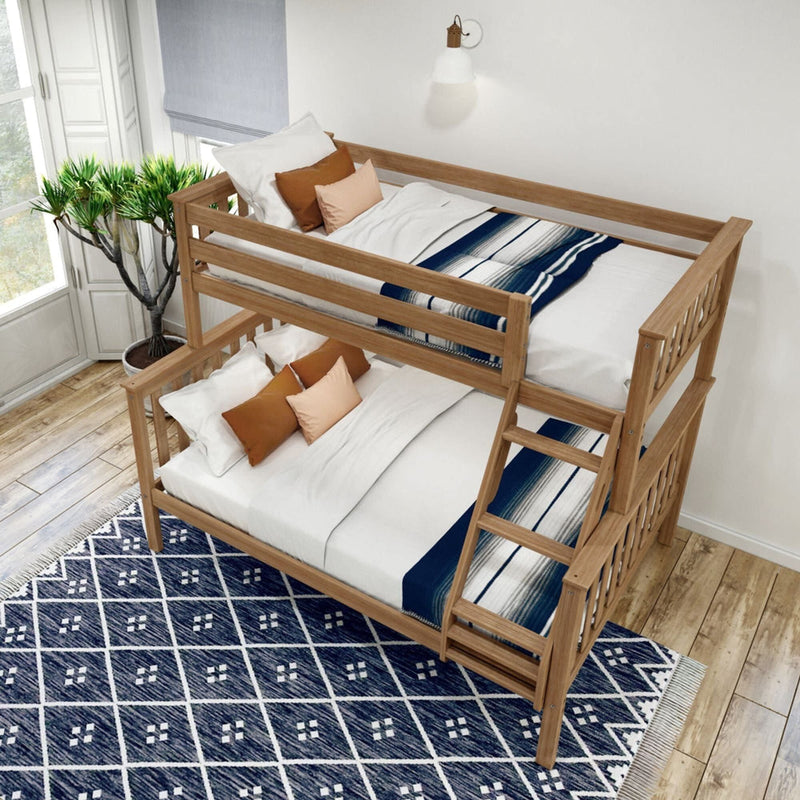Wooden bunk bed with cozy white and blue bedding in a bright, modern bedroom.