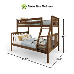 Wooden bunk bed with ladder and dimensions of 81.5 inches length, 57.5 inches width, and 65 inches height, featuring bedding and pillows.