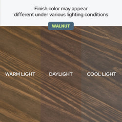 Walnut wood finish color variation under warm light, daylight, and cool light conditions.