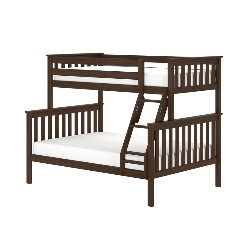 Dark brown wooden twin-over-full bunk bed with angled ladder, slatted guardrails and white mattresses, space-saving kids' bedroom furniture