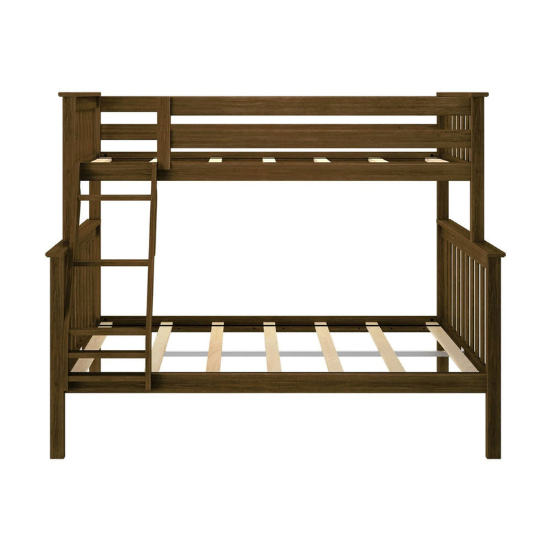 Wooden bunk bed frame with ladder and slatted design for children's bedroom furniture.