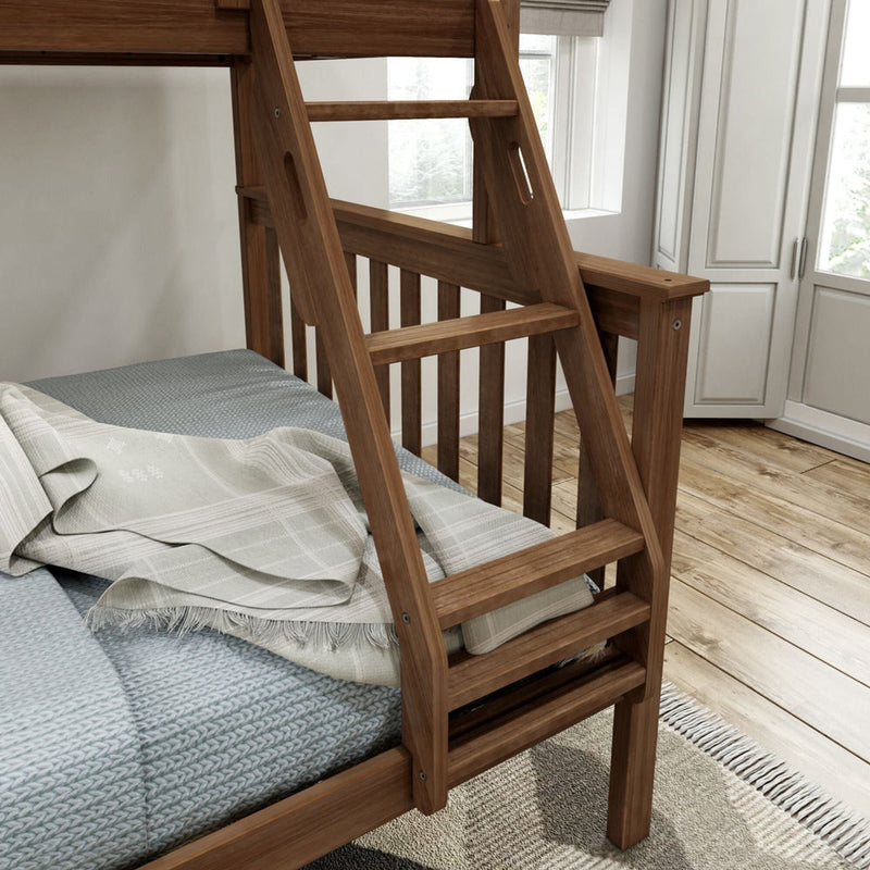 Wooden bunk bed with attached ladder and cozy bedding in a bright bedroom.